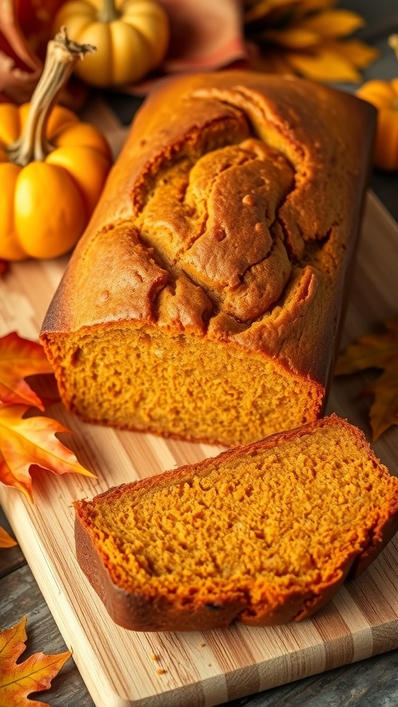 A loaf of pumpkin bread on a cutting board with autumn leaves and a pumpkin.
